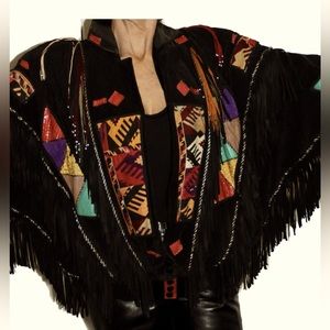 Vintage Black Fringe Suede Jacket Multi Color Tapestry Leather Patches